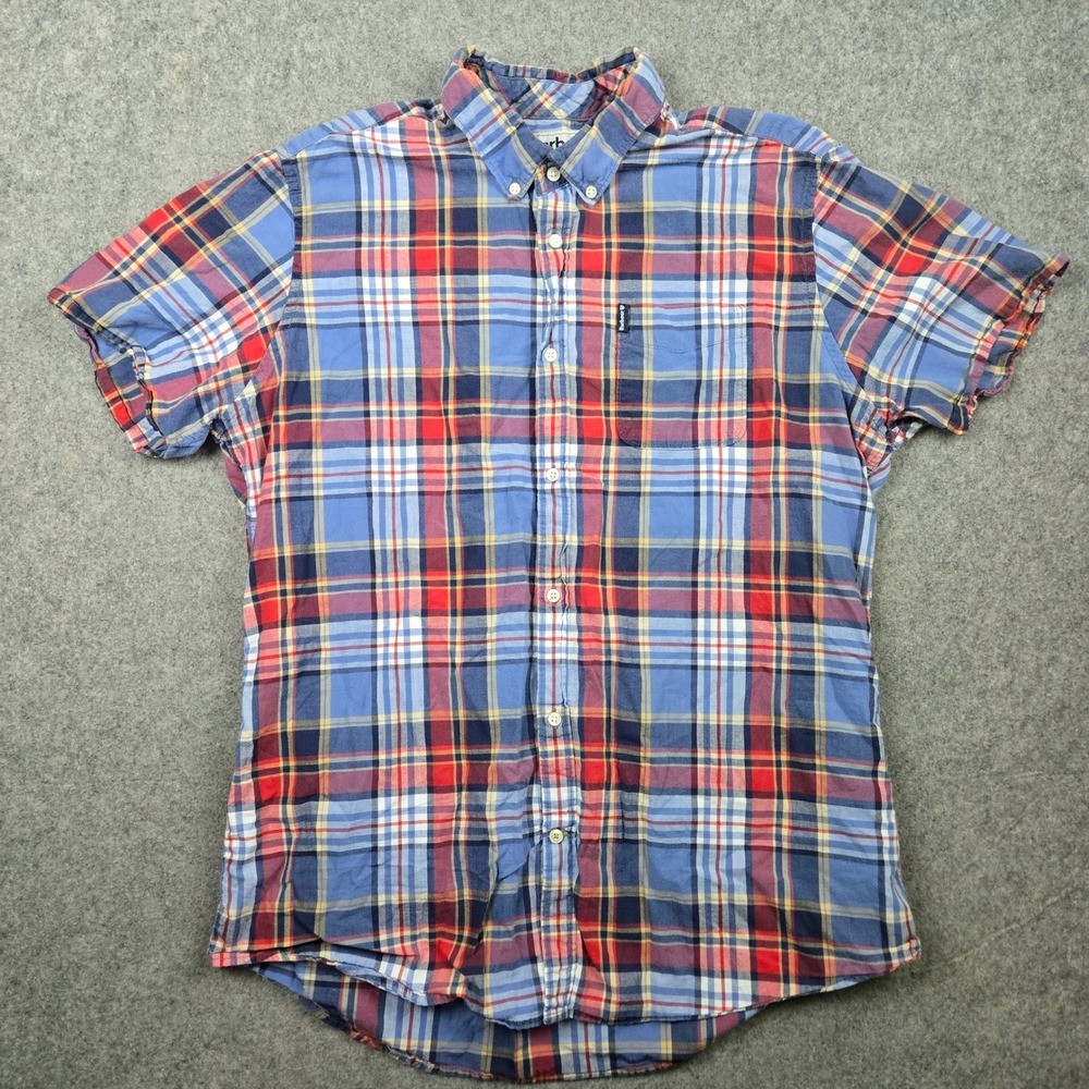 Barbour Shirt Mens XL Blue Plaid Short Sleeve Button Down Tailored Fit Cotton
